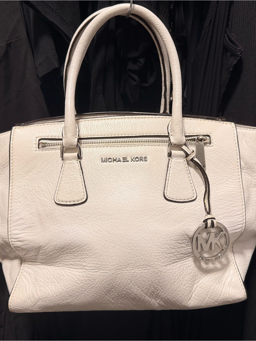 Michael Kors Cream Leather Satchel with MK Charm